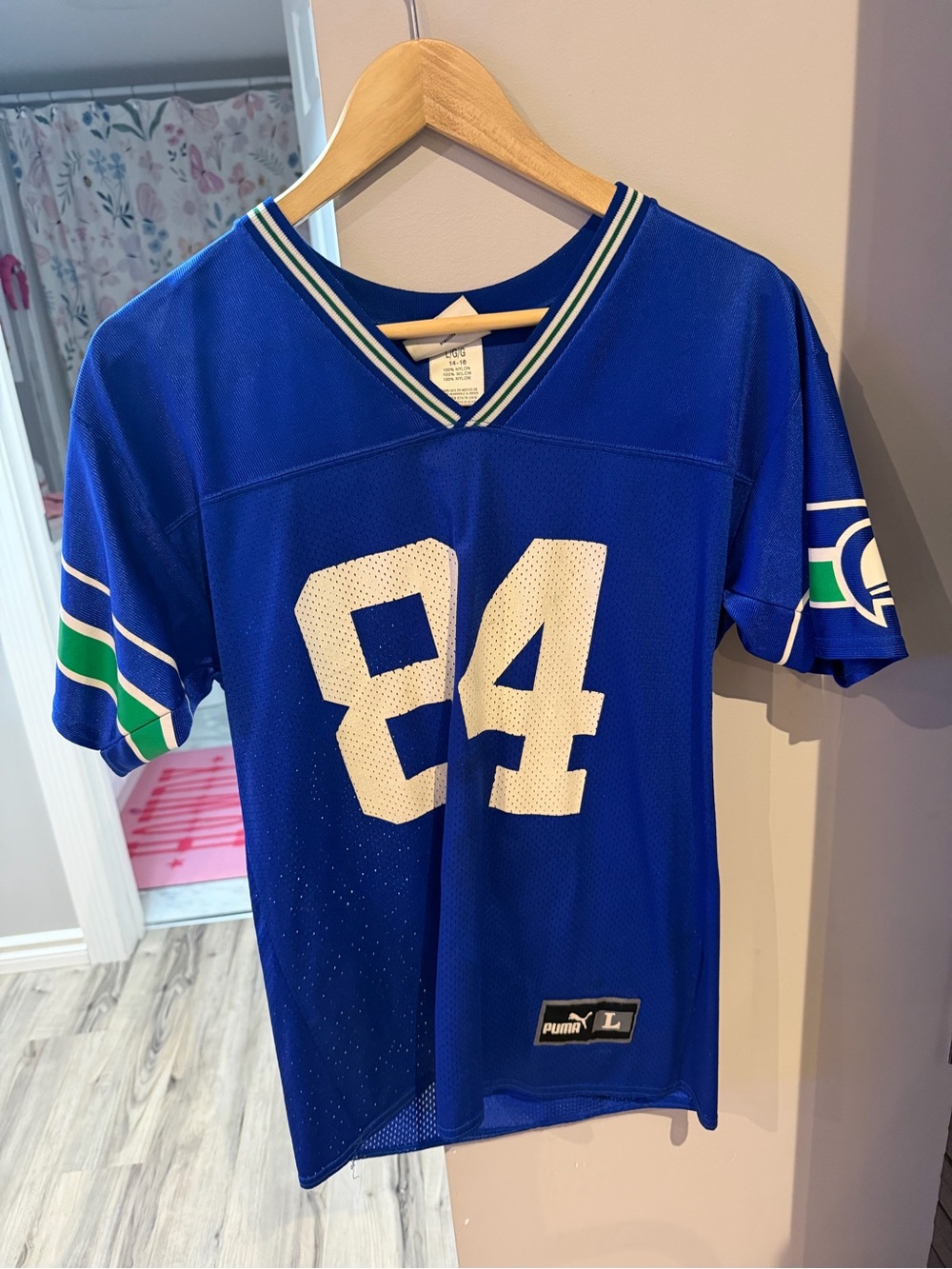Puma Blue #84 Short-Sleeve Football Jersey with Green & White Accents